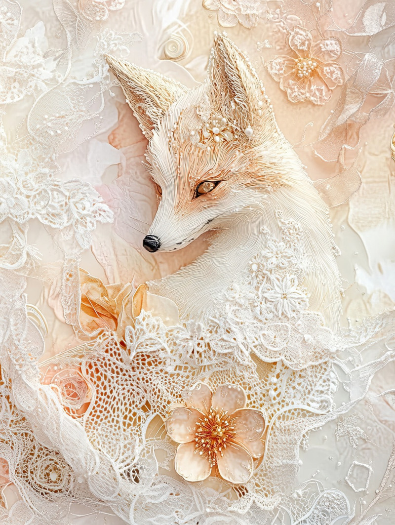 A curled fox woven with lace like floral patterns, intricate chantilly lace fabric detailing its fur, blending nature with delicate chantilly lace material artistry