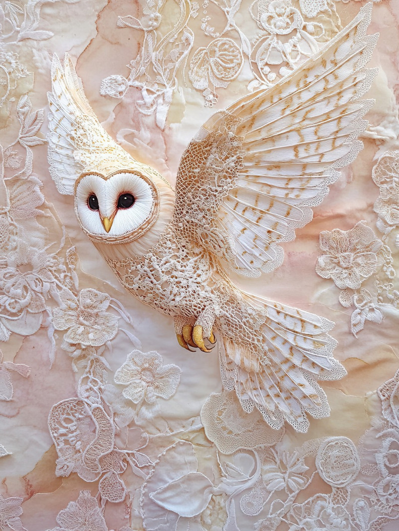 A soaring owl with lace embroidered wings, gracefully gliding through the air, chantilly lace fabric detailing its feathers, blending elegance with nature