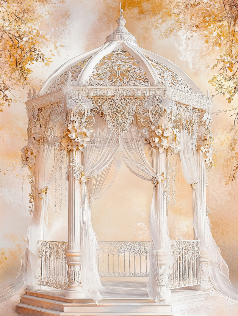 A gazebo adorned with lace filigree, delicate chantilly lace material draping its structure, intricate patterns enhancing the romantic and elegant atmosphere