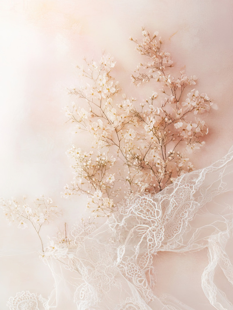 A herbal plant wrapped in lace vines, delicate chantilly lace fabric entwining its leaves, merging organic beauty with detailed chantilly lace material patterns