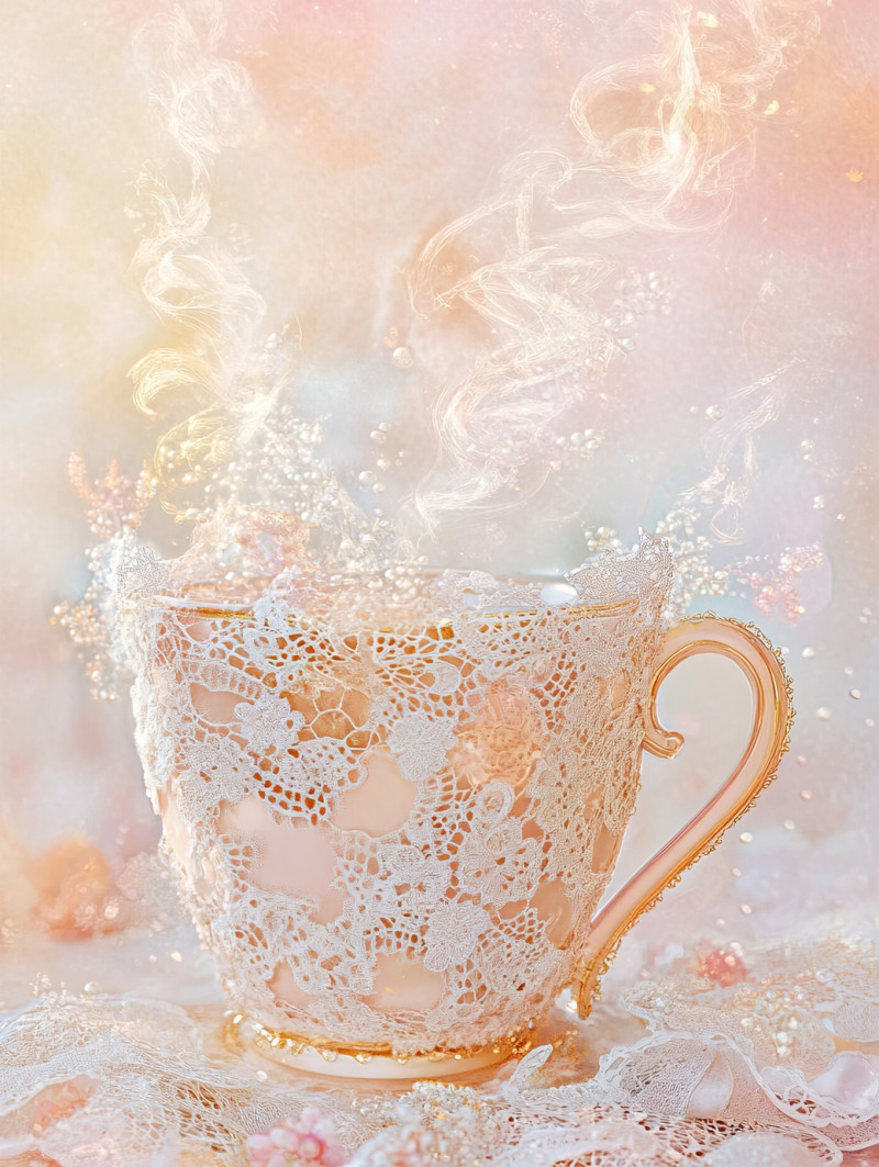 A steaming cup with lace trimmed swirls, delicate chantilly lace fabric decorating its curves, blending warmth, elegance, and chantilly lace material details