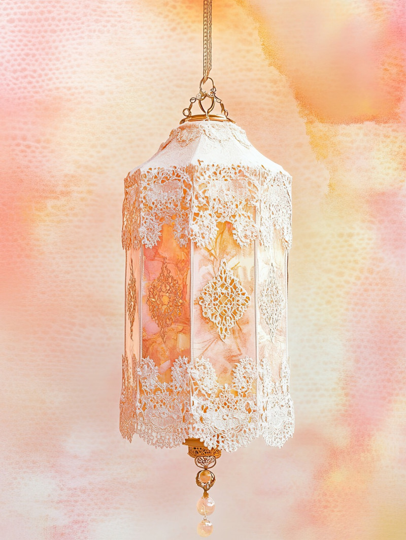 A floating lantern with lace like embroidery, its glow illuminating intricate chantilly lace fabric patterns, blending tradition with elegant chantilly lace material designs