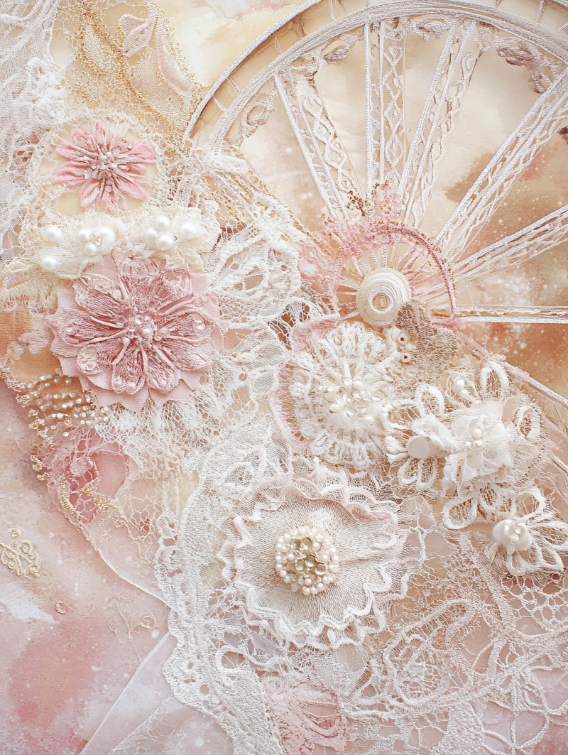 A waterwheel with lace patterned spokes, detailed chantilly lace fabric enhancing its structure, merging vintage charm with intricate chantilly lace material artistry