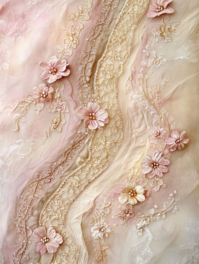 A winding river edged with floral lace, its banks adorned with chantilly lace fabric patterns, nature flow merging with chantilly lace material elegance