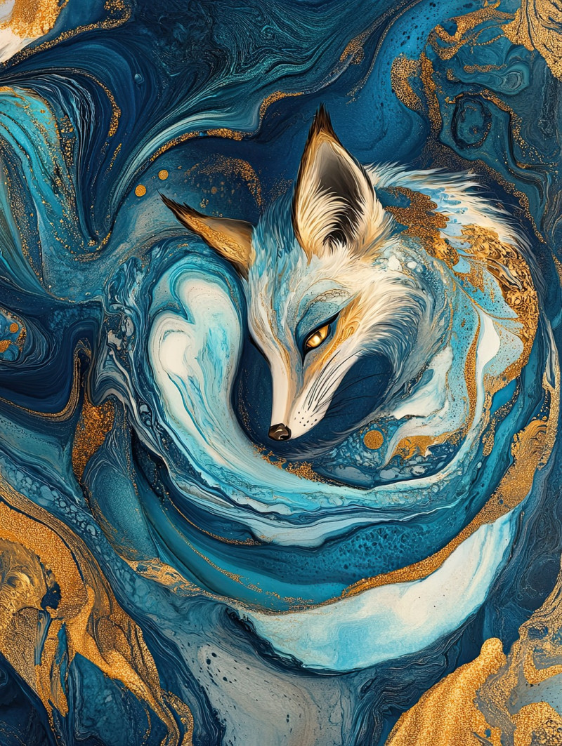 A curled fox with marbled fur patterns in rich ebru textures, resting peacefully, artistic swirls create a dreamy, flowing design inspired by traditional marbling