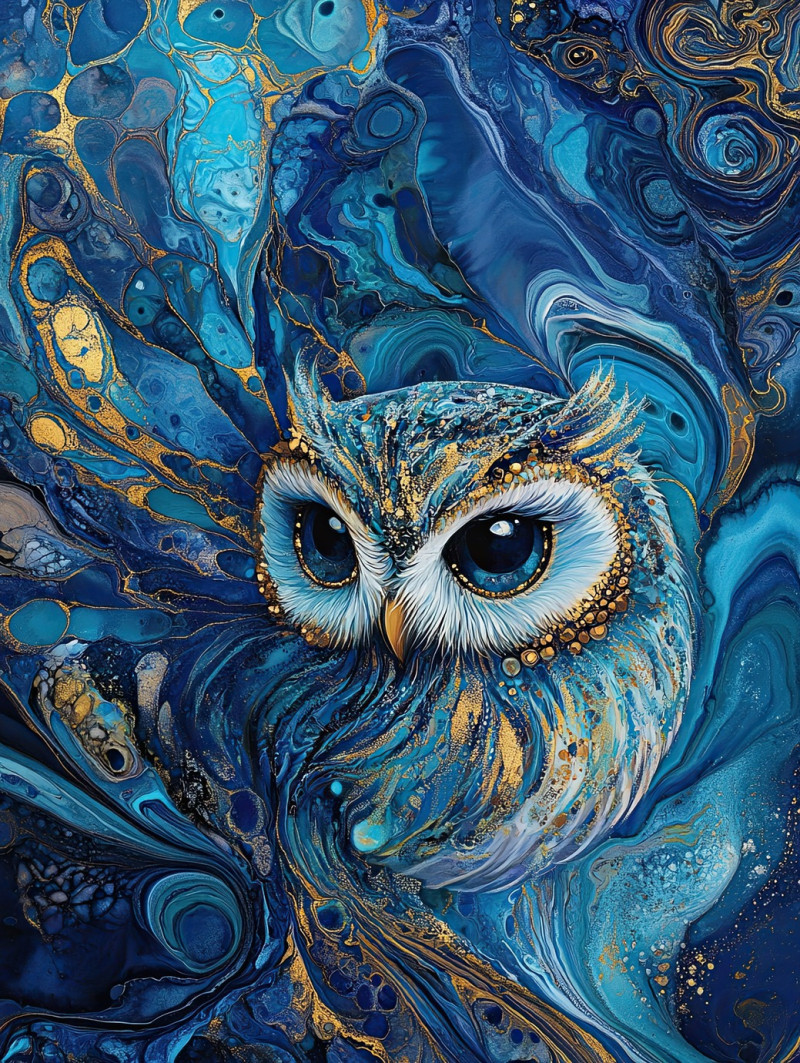 A soaring owl with swirling feather textures in vibrant ebru style, gliding through the air, intricate marbled patterns enhance its wings in a mesmerizing display