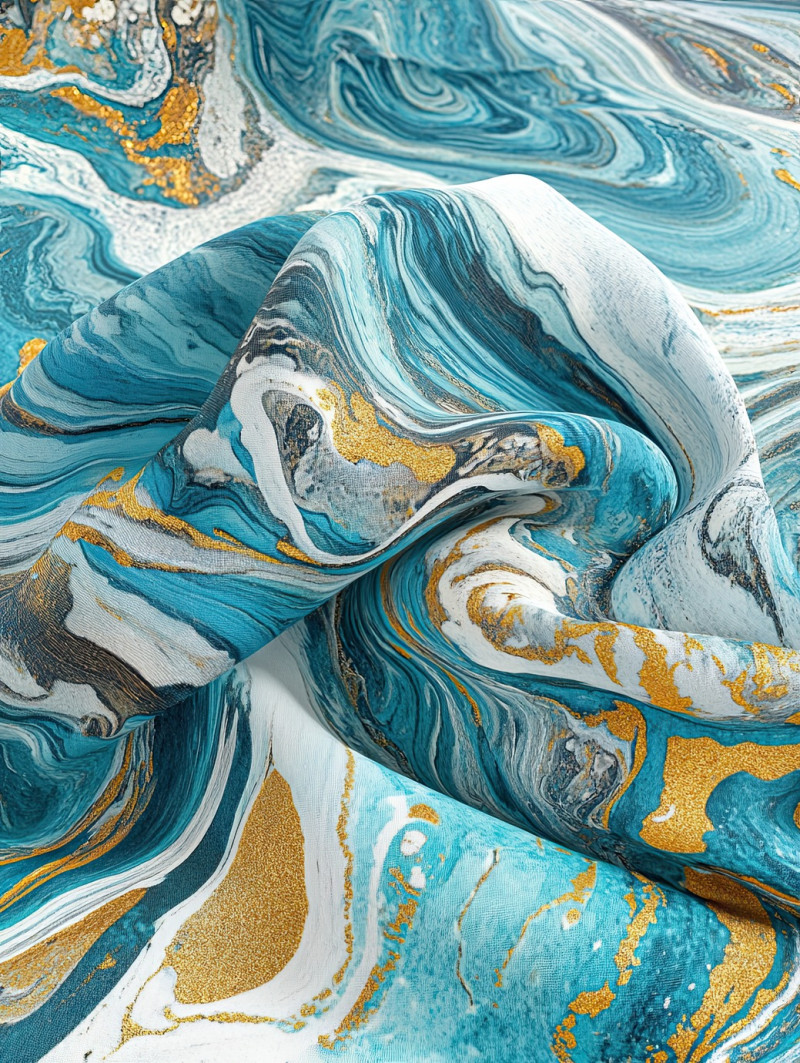 Rolling ocean waves with flowing marbled patterns in vivid ebru style, the swirling water creates a mesmerizing effect, blending fluid motion with artistic textures