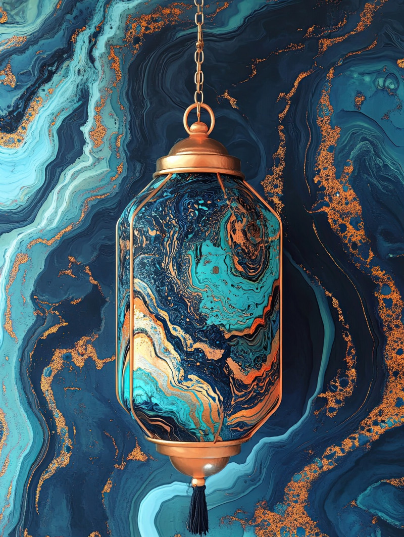 A floating lantern glowing softly with fluid ebru patterns, the swirls of light and color create a serene atmosphere, blending tradition with artistic marbling