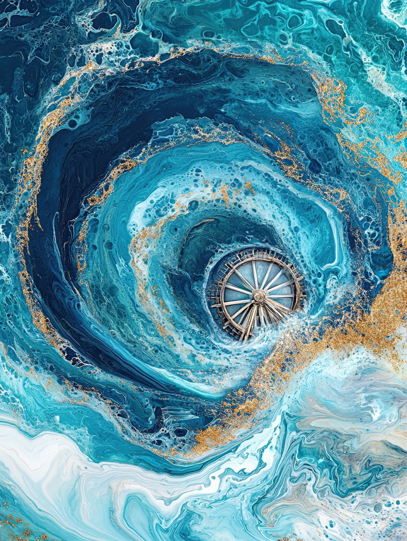 A waterwheel turning through marbled water in dynamic ebru patterns, the swirling currents enhance the motion, merging engineering with fluid, artistic textures