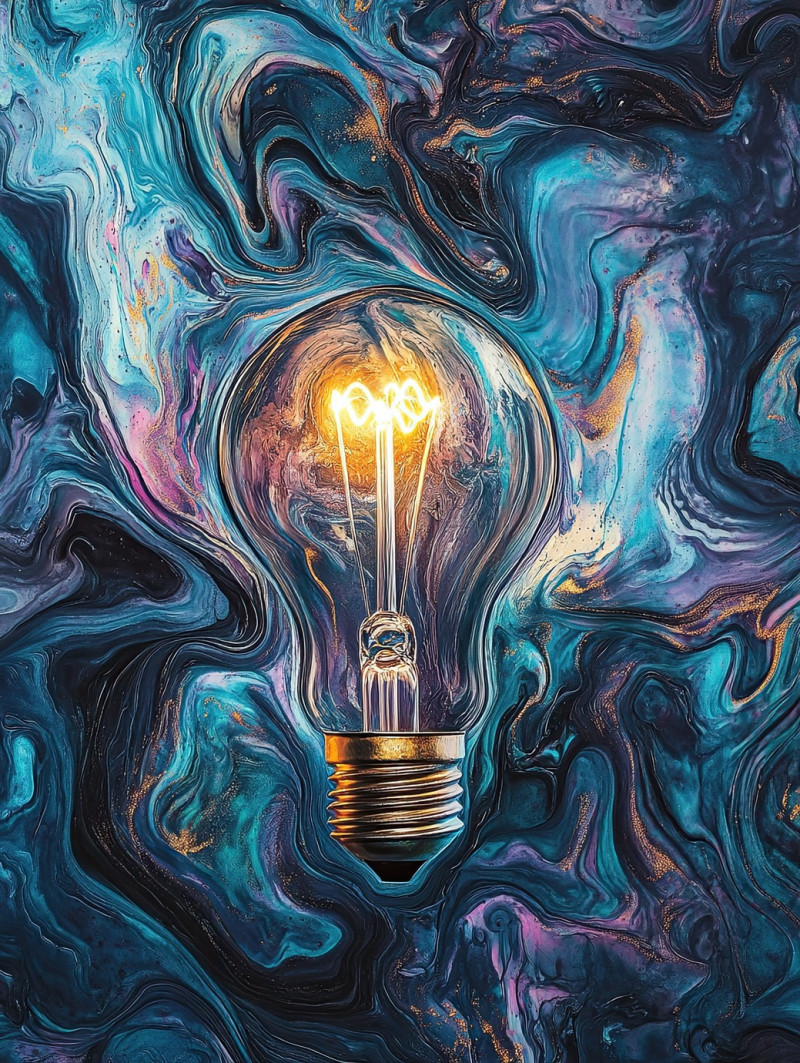 A glowing lightbulb with swirling filaments in vivid ebru style, the marbled textures illuminate the design, blending innovation with fluid artistic expression