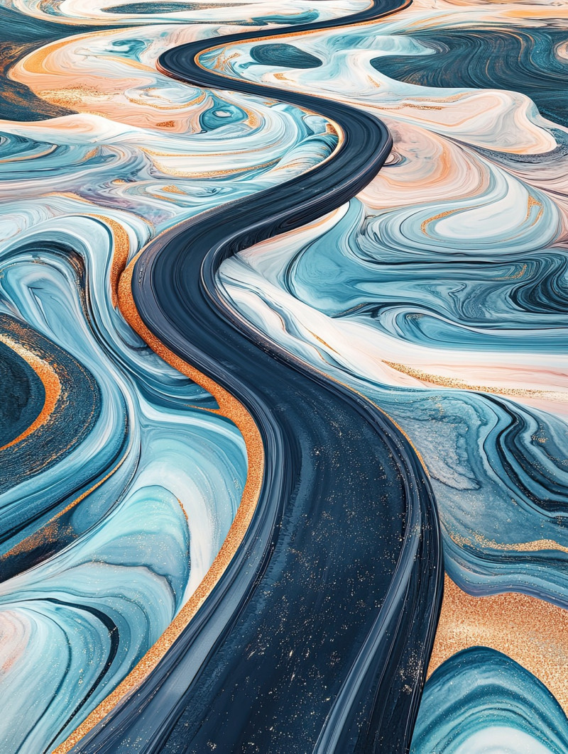 A curved road with marbled pathways leading forward, showcasing artistic ebru textures, the swirling lines guide the journey, blending movement with fluid patterns