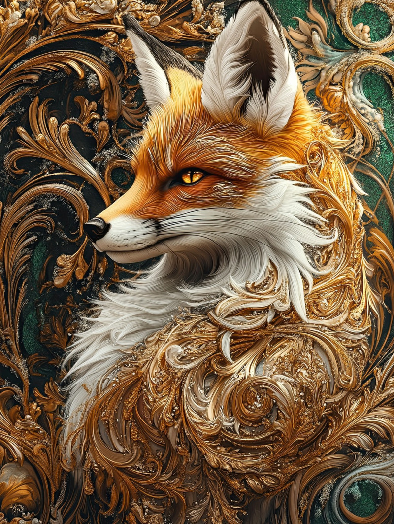 A curled fox with gilded fur swirls, resting peacefully, its golden hues shimmer under soft light, creating a regal and mystical feel, gilded meaning luxury, regilding effect