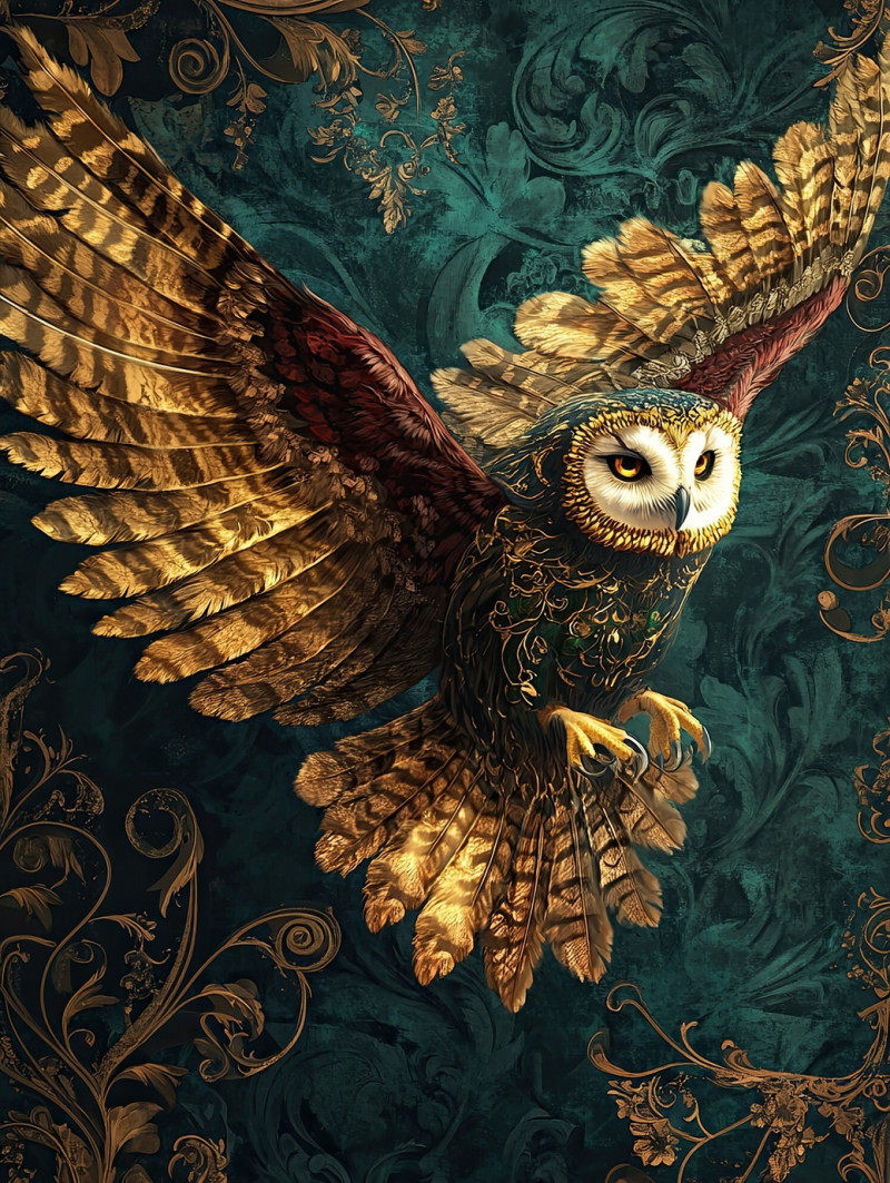 A soaring owl with golden feathered accents spreads its wings mid flight, the glowing plumage adds a mystical touch, symbolizing wisdom and elegance, gilded meaning royalty, regilding details