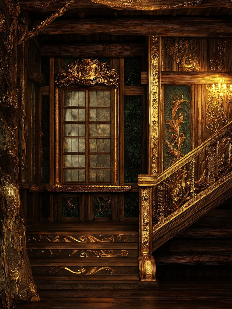 A rustic wooden cabin with golden trims sits in a serene forest, the warm gilded glow enhances its charm, evoking a cozy and timeless atmosphere, gilded meaning beauty, regilding effect