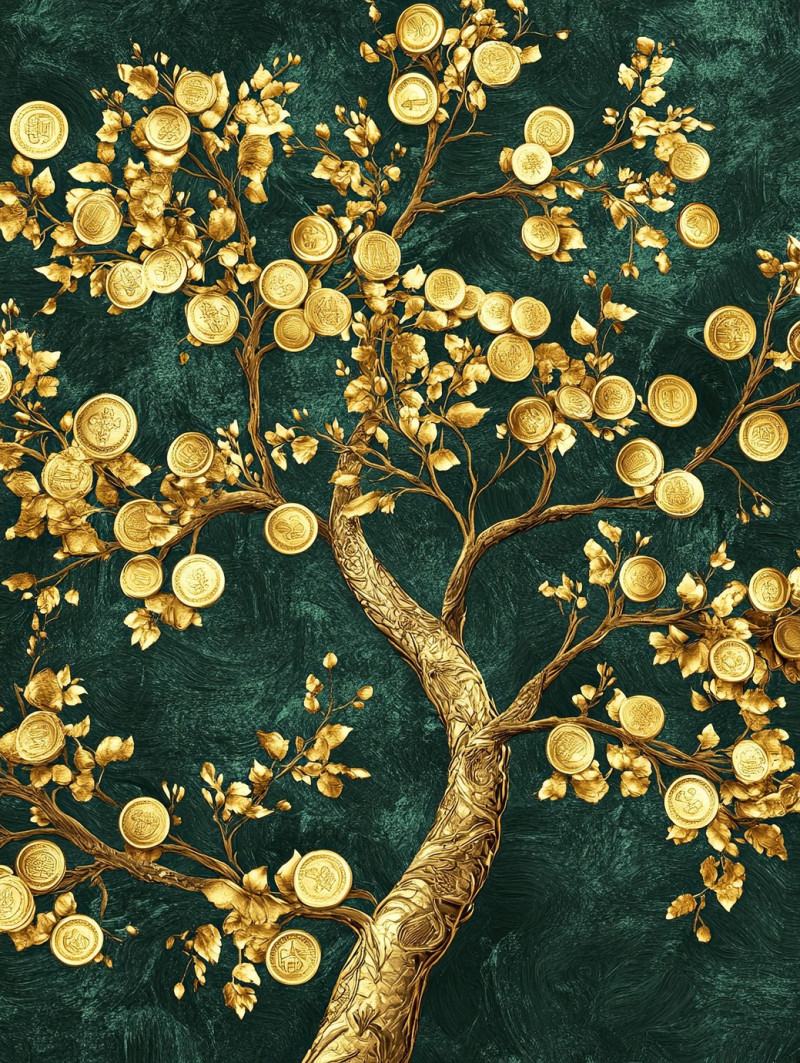 A tree with golden coin shaped leaves stands tall in autumn, the shimmering foliage glows, symbolizing prosperity and wealth, gilded meaning fortune, regilding leaves