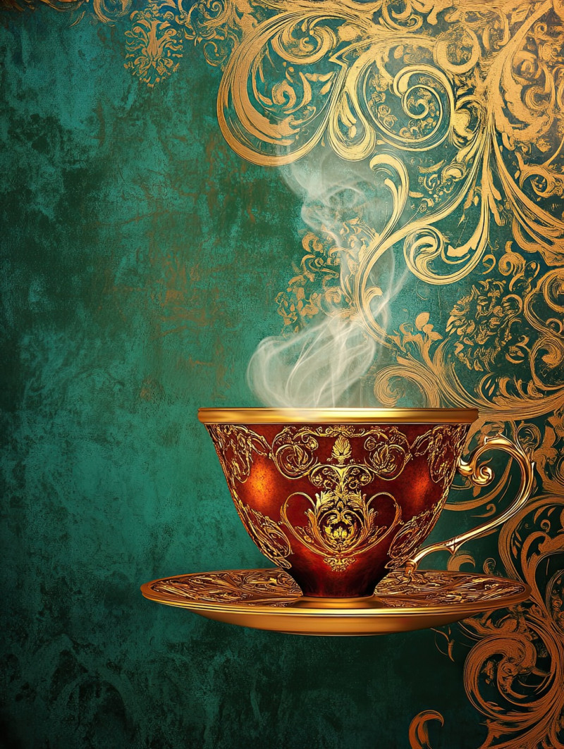 A steaming cup with gold trimmed swirls releases aromatic vapor, the elegant golden patterns add a luxurious touch, enhancing the cozy moment, gilded meaning elegance, regilding shine