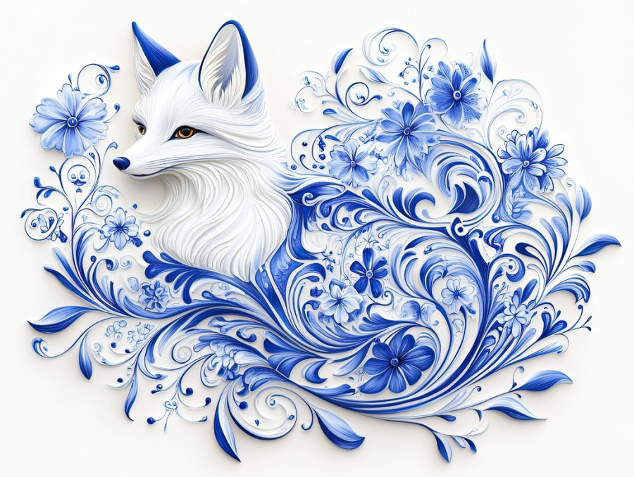 A curled fox with swirling blue floral patterns inspired by gzhel pottery, featuring intricate gzhel russian porcelain designs, evoking folk art charm
