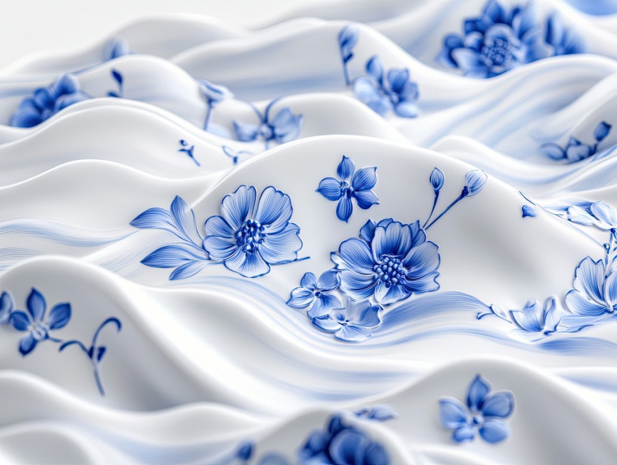 Waves curling with delicate blue floral accents, showcasing traditional gzhel russian pottery style, blending ocean movement with classic gzhel porcelain patterns