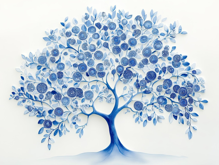 A tree with stylized blue coin-like leaves, reflecting gzhel russian porcelain artistry, symbolizing prosperity with delicate gzhel pottery-inspired details