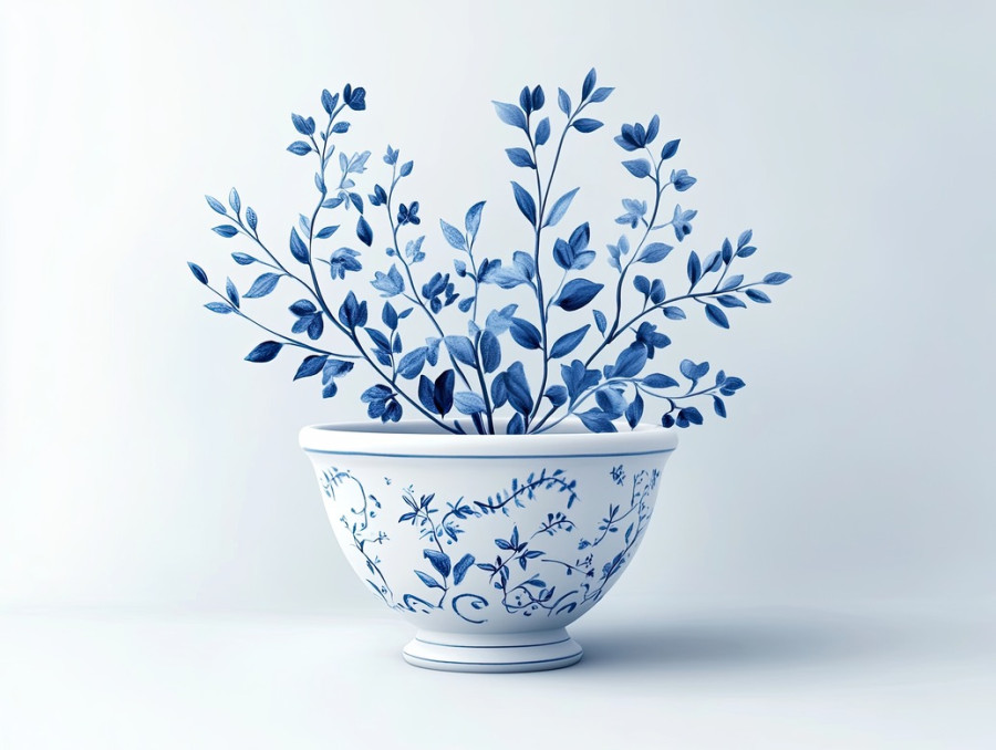A herbal plant with blue vines growing in a porcelain mortar, decorated with gzhel russian pottery floral motifs, blending nature and gzhel porcelain tradition