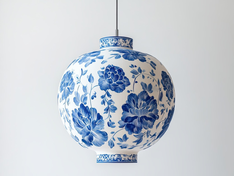 A floating blue lantern adorned with floral patterns, inspired by gzhel pottery, glowing softly with gzhel russian porcelain artistry and folk heritage