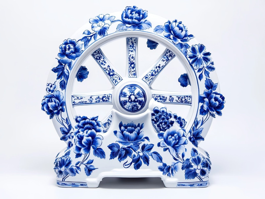A waterwheel featuring intricate blue floral engravings, influenced by gzhel russian pottery, merging rustic tradition with the elegance of gzhel porcelain art