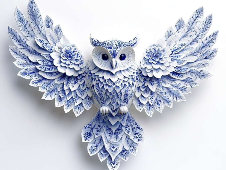A soaring owl with detailed feather motifs, crafted in the style of gzhel pottery, blending avian grace with gzhel russian porcelain folk patterns