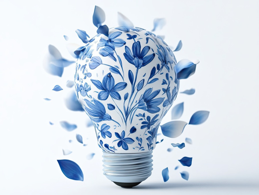 A lightbulb blooming with blue petal-like filaments, inspired by gzhel pottery, merging innovation with the delicate artistry of gzhel russian porcelain
