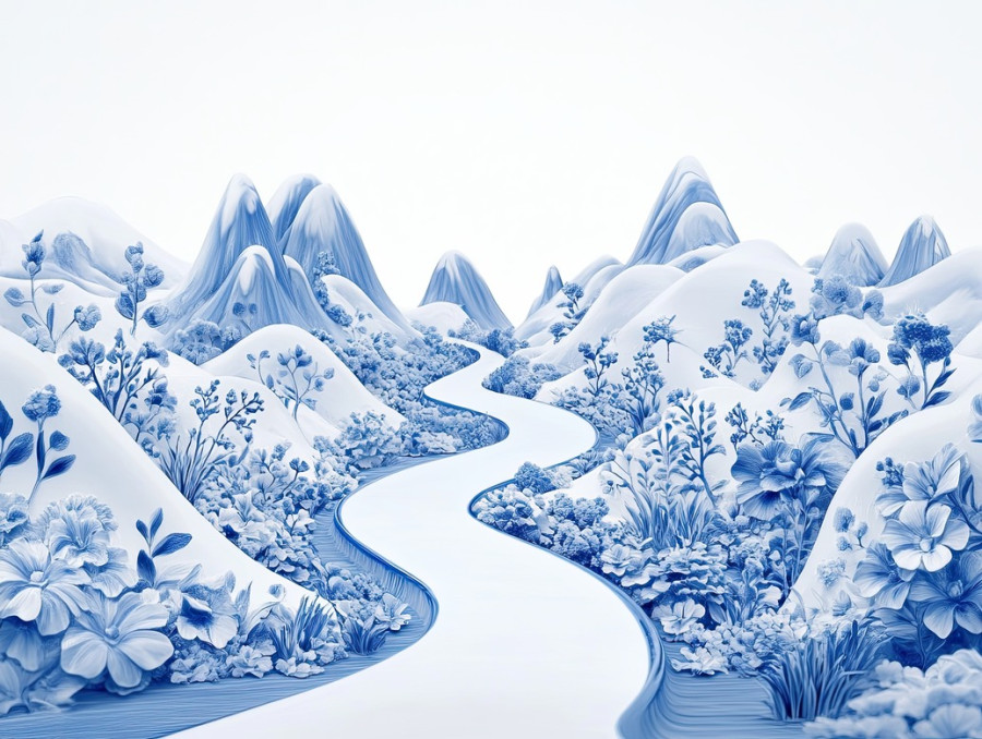 A curved blue pathway leading to floral-covered mountains, designed in gzhel russian pottery style, blending landscapes with the elegance of gzhel porcelain