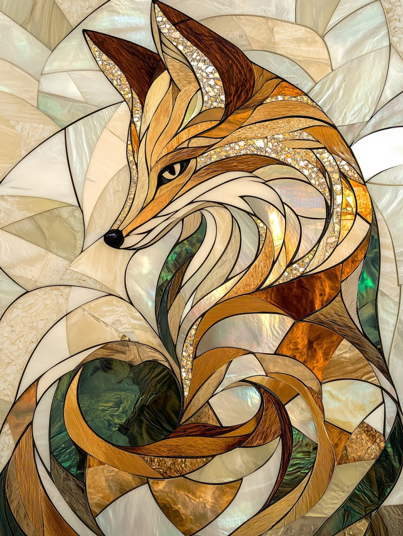 A curled fox with shimmering mother of pearl fur inlay, resting peacefully, elegant craftsmanship highlights delicate textures and fine inlay details