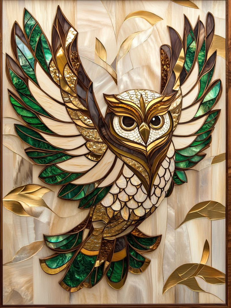 A soaring owl with brass inlaid feathers gliding through the sky, the shimmering inlay catches the light, showcasing intricate craftsmanship and artistry