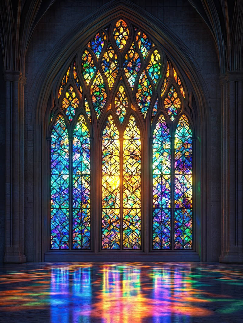 Gothic cathedral window glowing with vibrant stained glass colors, casting intricate vitrail mirror reflections, magis vitrail design enhances the sacred ambiance
