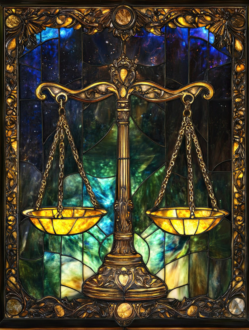 Scales of justice balanced in golden light, symbolizing fairness and truth, vitrail mirror reflections add a magis vitrail touch to the scene