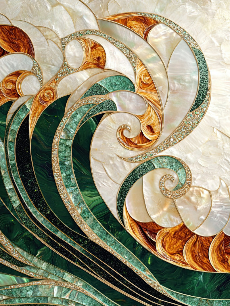 Waves swirling with iridescent shell inlays, creating a mesmerizing oceanic pattern, the luminous inlay adds depth and movement to the flowing water design