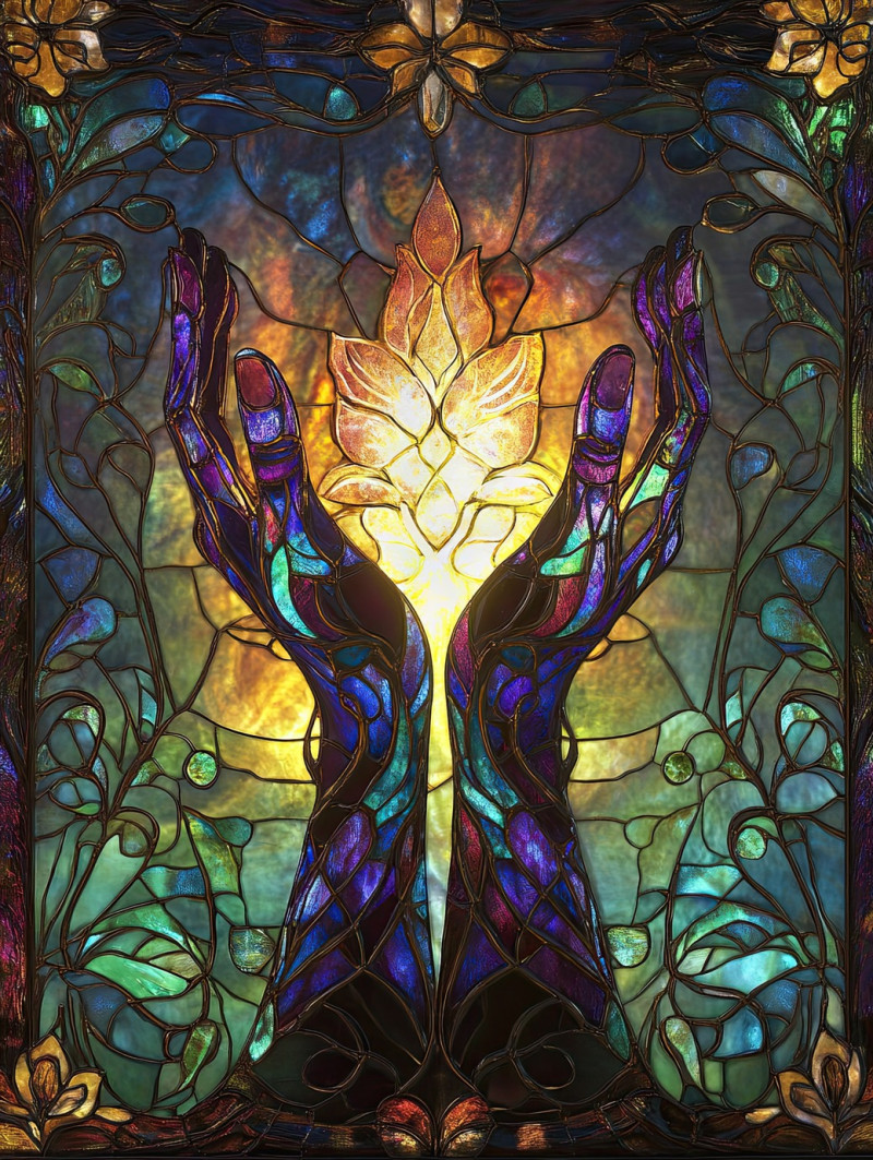 Healing hands with a radiant aura, emanating warm light, symbolizing energy and restoration, magis vitrail glow enhances the vitrail mirror effect