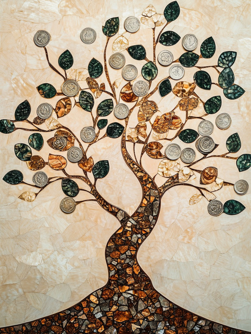 A money tree with silver coin inlays shimmering on its leaves, symbolizing wealth and prosperity, the intricate inlay detailing enhances its elegance