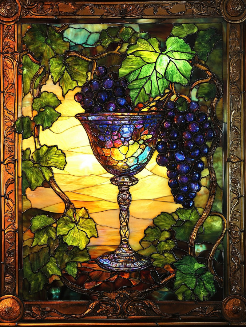 Overflowing grapevine with a rich goblet, symbolizing abundance and celebration, vitrail mirror reflections add a magis vitrail glow to the composition