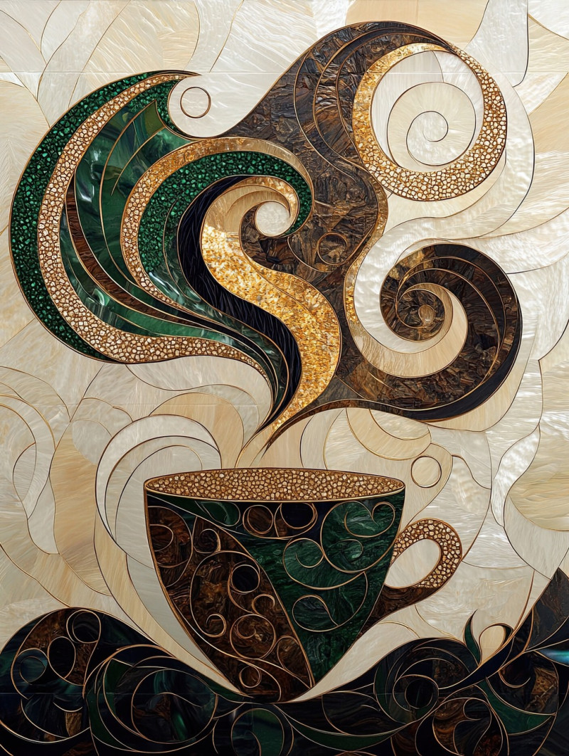 A steaming cup adorned with golden swirling inlays, the intricate patterns glow in the light, creating an elegant and artistic tea or coffee experience