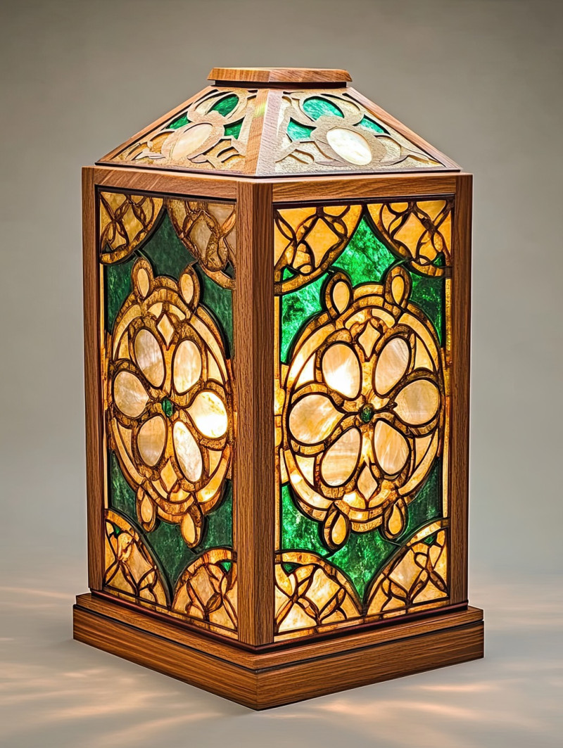 A glowing lantern with intricate gemstone inlays casting a soft light, the decorative inlay design enhances its artistic and vintage appeal