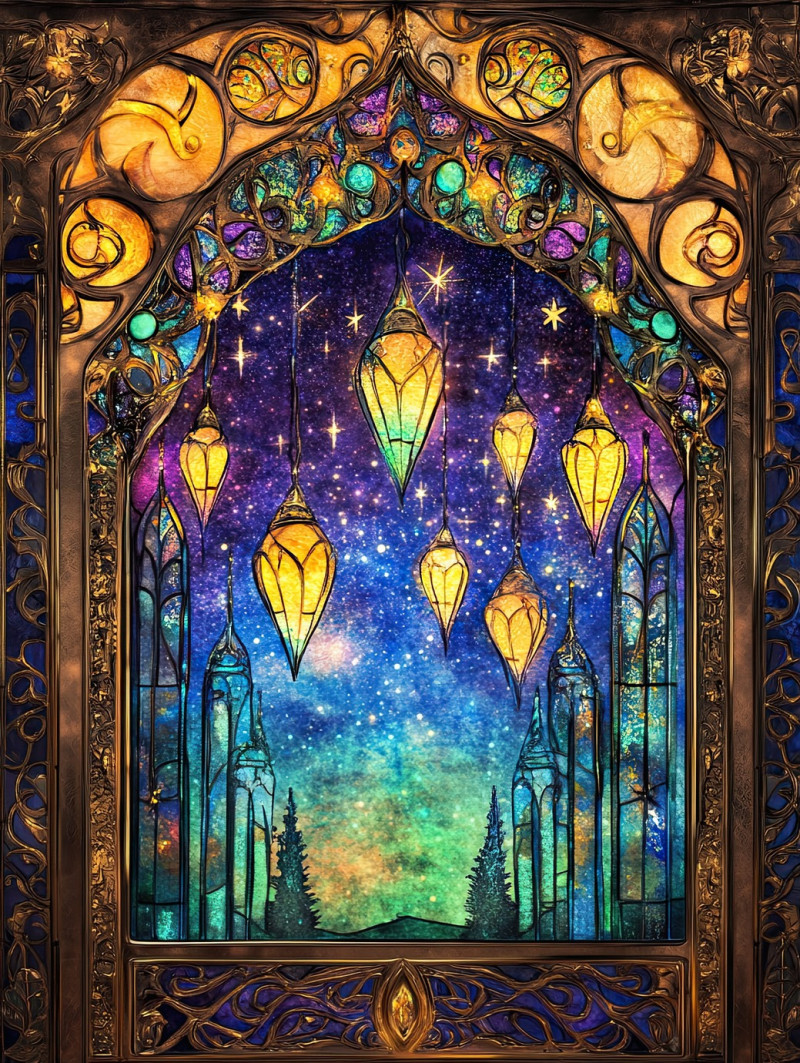 Lantern festival under a starry sky, glowing with warm lights and colorful reflections, magis vitrail design enhances the vitrail mirror brilliance