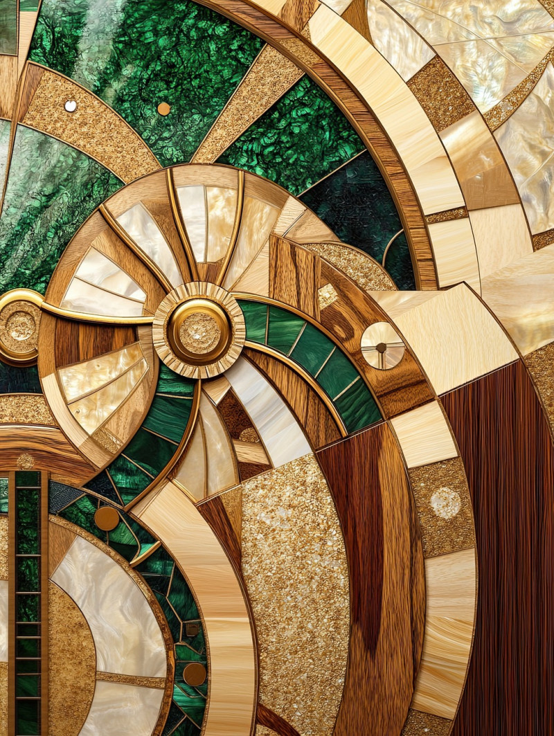 A waterwheel with brass and wood grain inlays turning in a gentle stream, the detailed inlay work adds a rustic charm to the flowing water scene