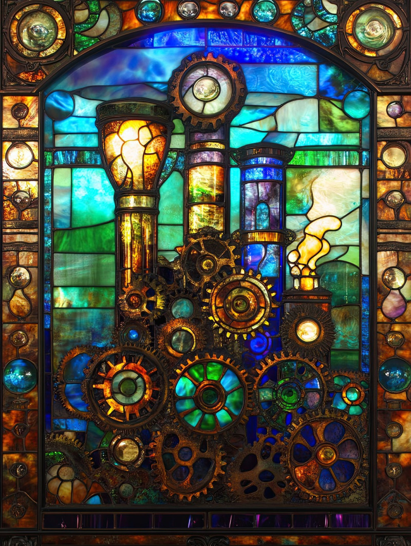 Gears and smokestacks in fiery hues, symbolizing industry and progress, vitrail mirror reflections create a striking magis vitrail effect