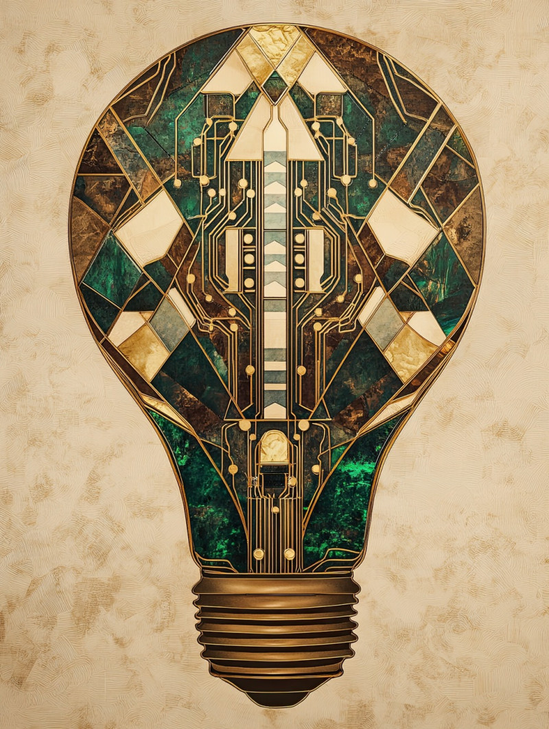 A lightbulb featuring circuit like gold inlays, glowing warmly, the intricate inlay patterns symbolize innovation, technology, and creativity