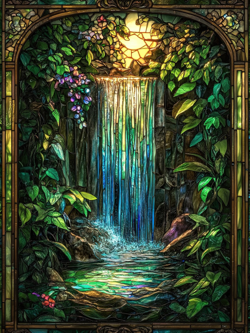 Waterfall cascading through lush greenery, bathed in shimmering light, magis vitrail details enhance the vitrail mirror reflections in this serene scene