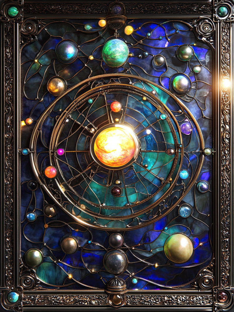 Celestial orrery with glowing planets, orbiting in a cosmic dance, magis vitrail artistry highlights the vitrail mirror reflections of the universe