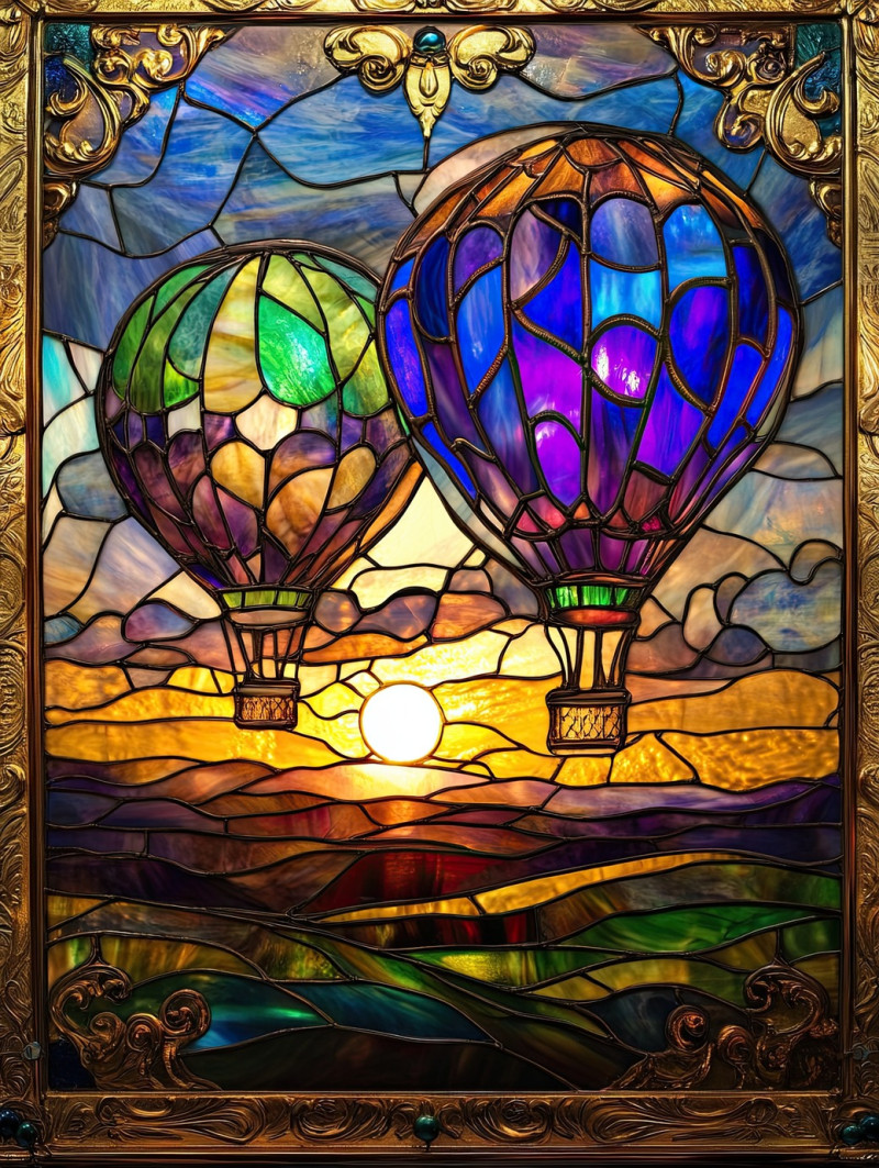 Hot air balloons floating at sunrise, filling the sky with vibrant colors, magis vitrail enhances the vitrail mirror glow of this dreamy journey