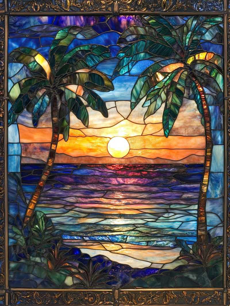 Sunset over a palm-lined shore, casting golden hues on the waves, vitrail mirror details add a magis vitrail touch to this tropical paradise
