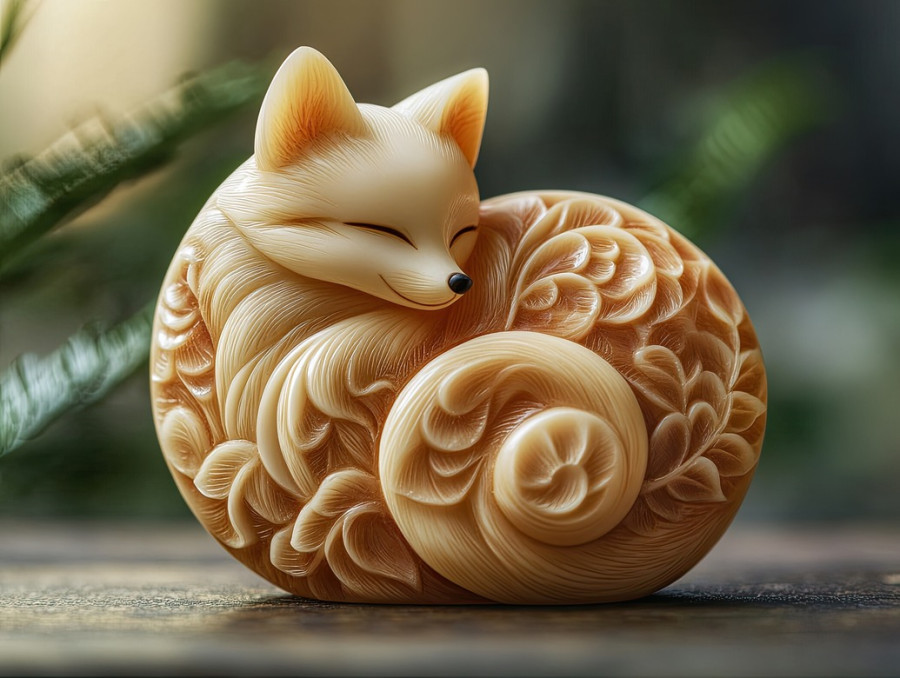 A curled fox netsuke carved with flowing fur details, intricate texture, and lifelike pose, symbolizing cunning and agility in traditional japanese craftsmanship
