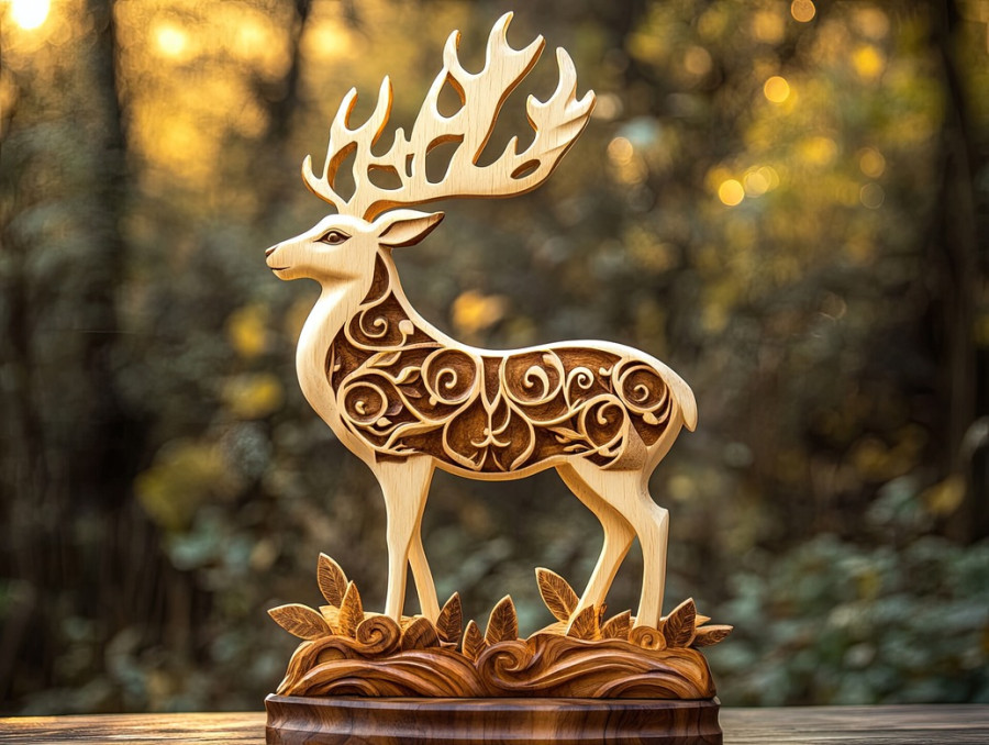 Majestic stag standing in a dense forest, finely detailed wood carving on basswood for carving, showcasing 3d wood carving craftsmanship and nature's beauty