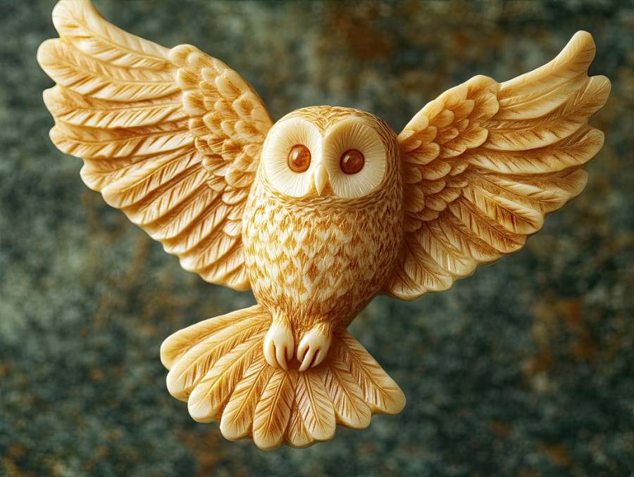 A soaring owl netsuke with delicate feather engravings, finely carved details, and outstretched wings, representing wisdom and nocturnal grace in miniature art